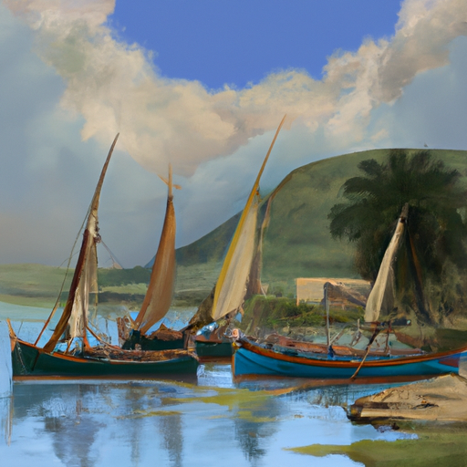 An illustration of the historic Sea of Galilee, dotted with ancient fishing boats.