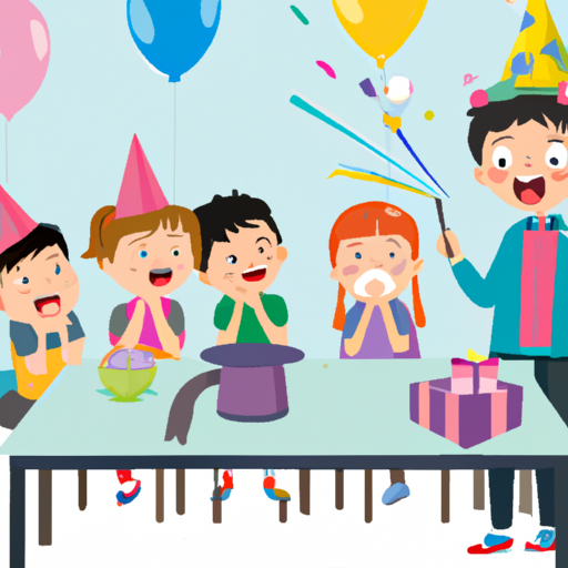 קבוצת ילדים נרגשים צופים בקוסם מבצע טריקים במסיבת יום הולדת.